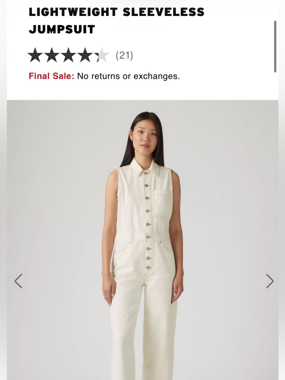 Levi's Sleeveless Button-Front Jumpsuit in Off-White